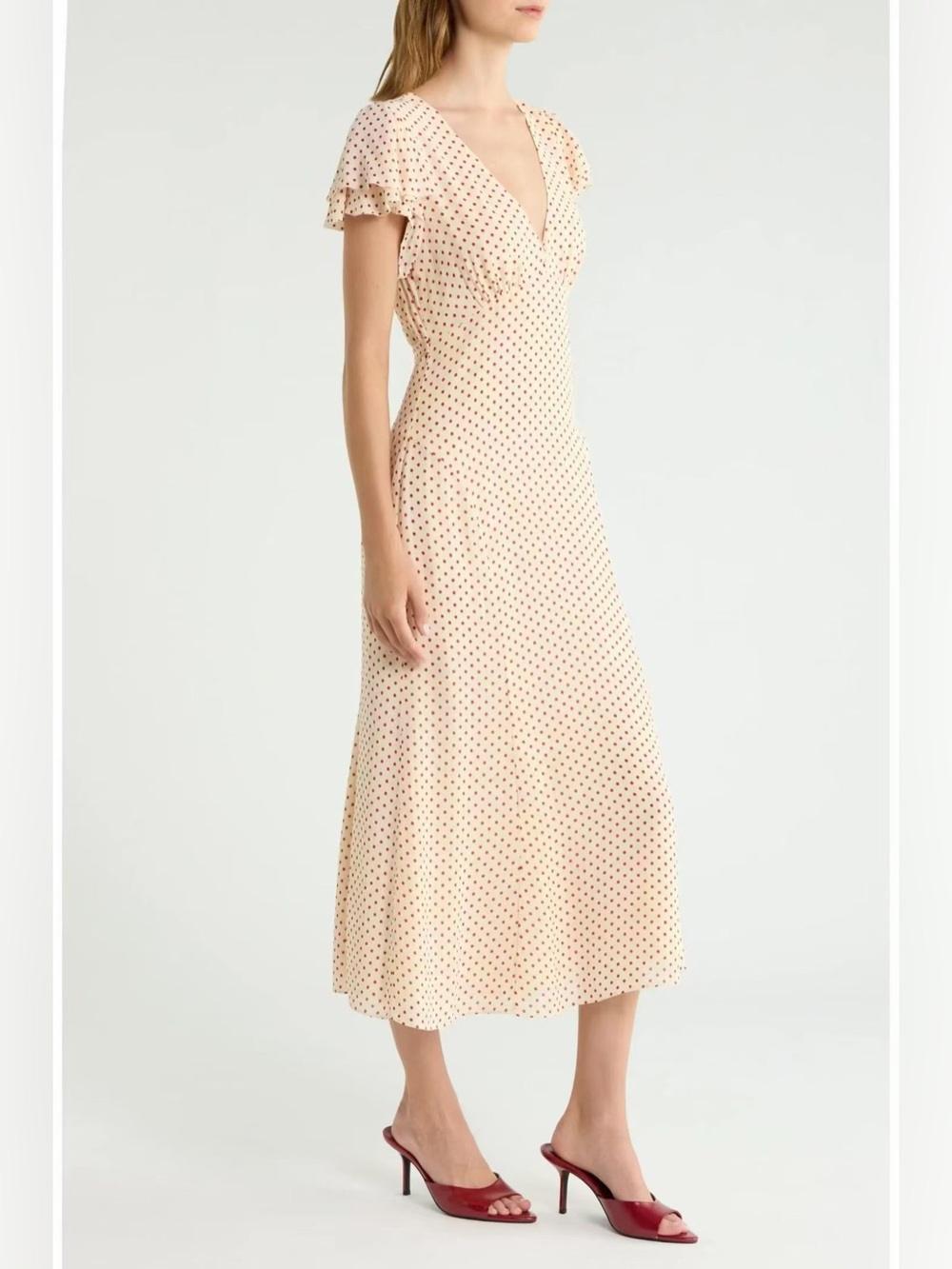 New Reformation Frost Cream Polka Dot Midi Dress - Elegant V-Neck size 6